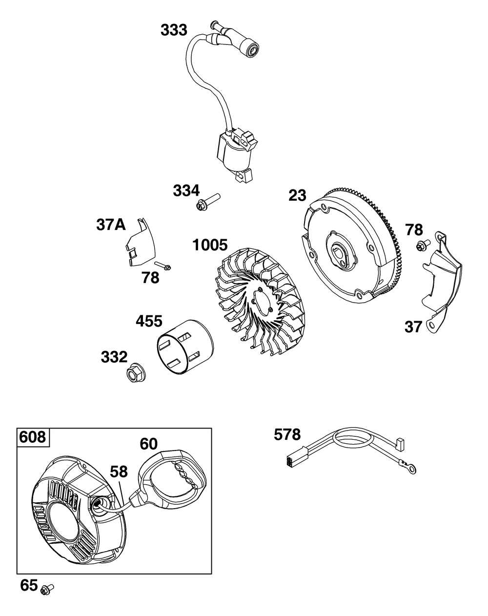 Flywheel, Ignition, And Starter Group Diagram and Parts List for 13A132-0022-F1 100000 - 19Z999 Briggs and Stratton Engine
